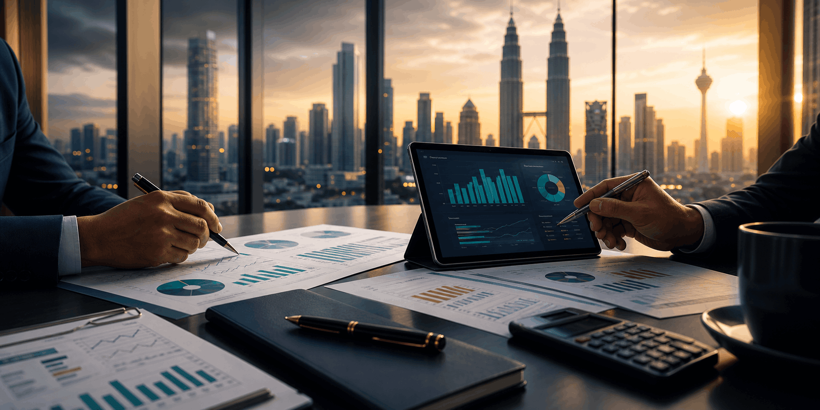 Financial advisory meeting with dashboard tablet, reports and Kuala Lumpur skyline