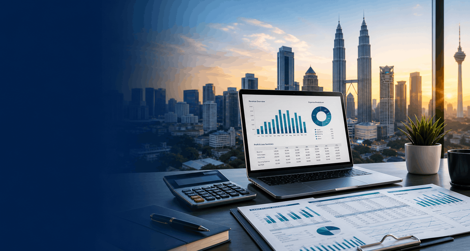 Kuala Lumpur skyline with accounting dashboard, calculator, and financial reports