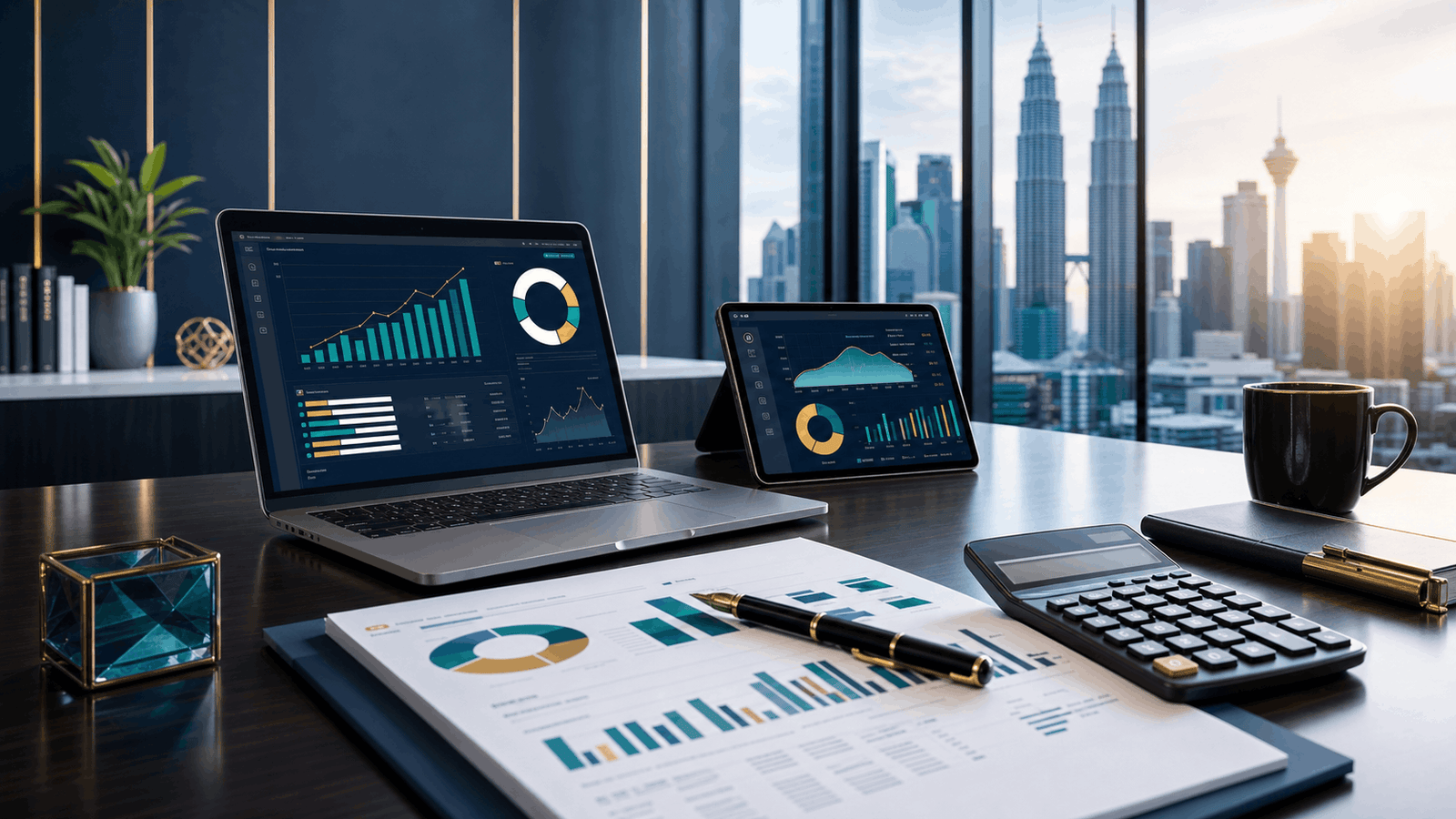 Premium accounting workspace with dashboards, financial reports, calculator and Kuala Lumpur skyline